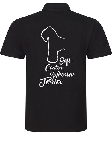 Unisex cotton polo shirt with Soft Coated Wheaten Terrier artwork on the back, lightweight and breathable with a relaxed fit