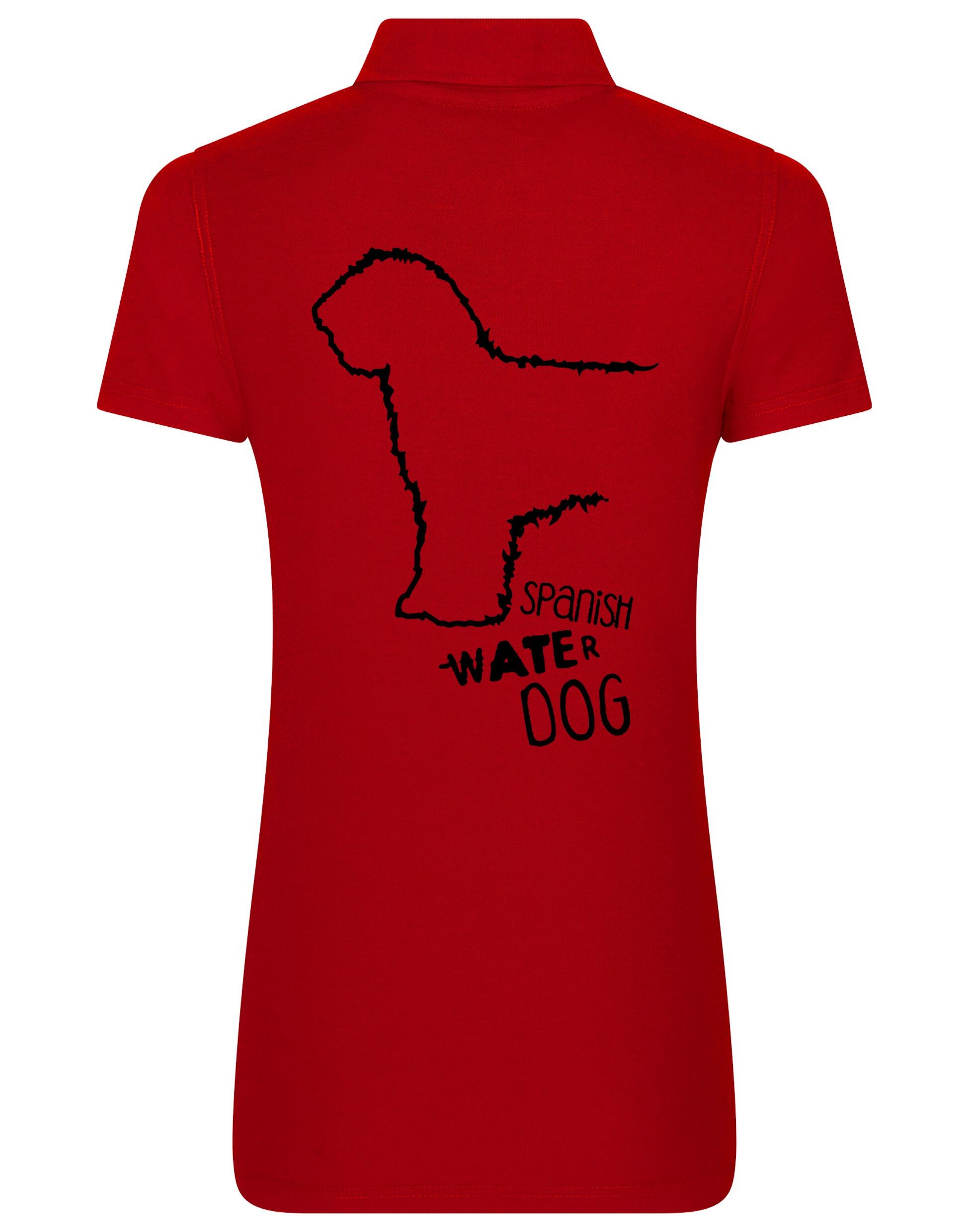 Women’s Cotton Polo featuring a detailed Spanish Water Dog design printed on the back. Lightweight and breathable with a tailored feminine fit, ideal for casual outings, dog shows, and breed enthusiasts.