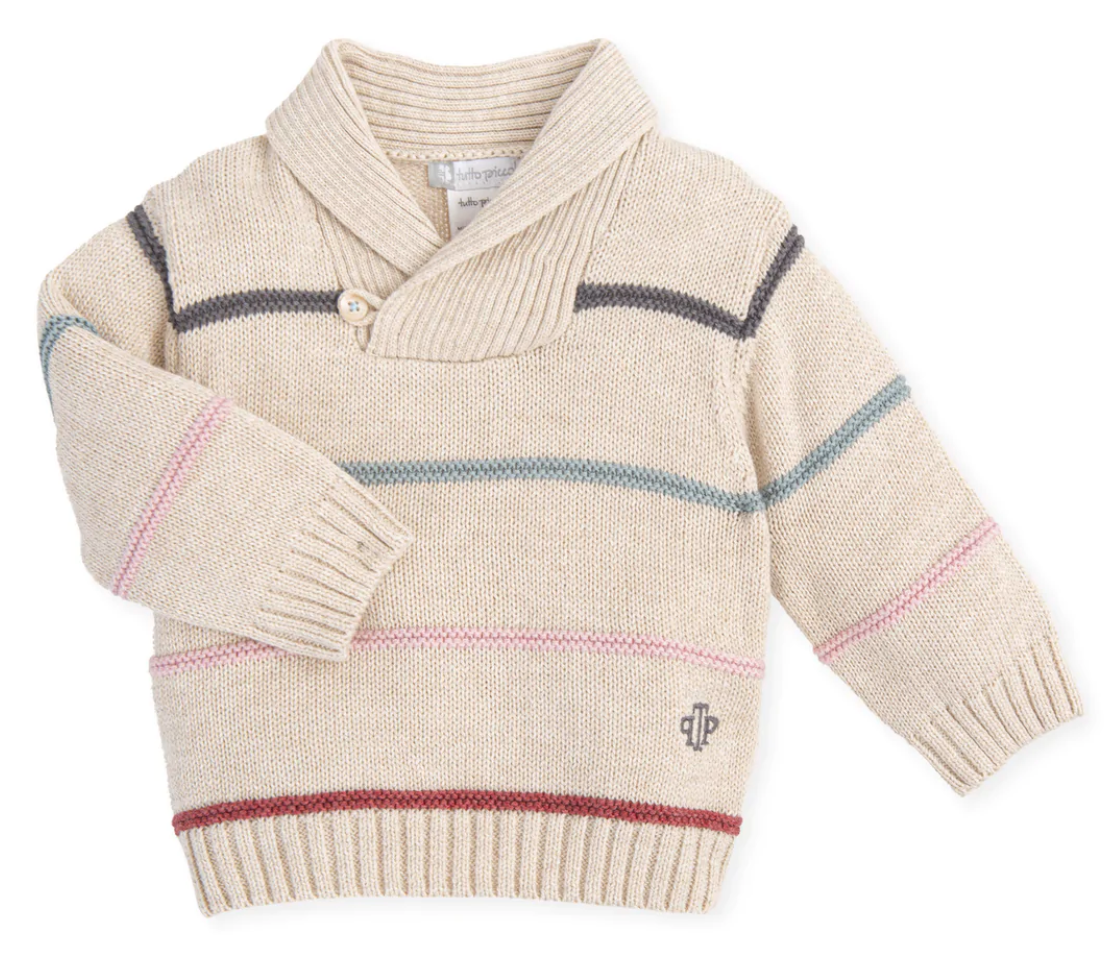 Tutto Piccolo Capa Jumper Sand. Cotton knitted jumper with coloured stripes, wrap over neck & button fastening