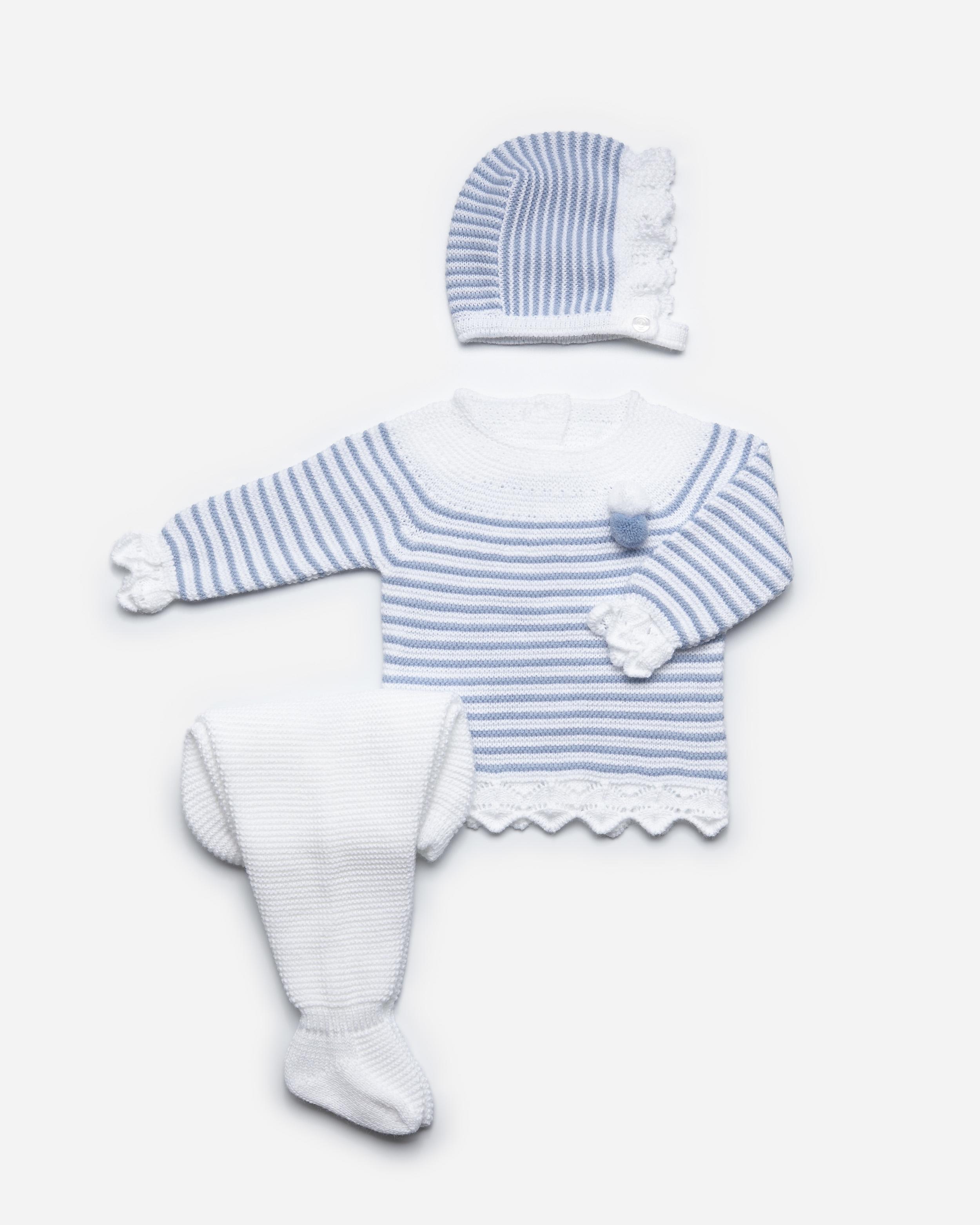 Navy blue & white stripe jumper with matching bonnet.White knitted close toe trousers