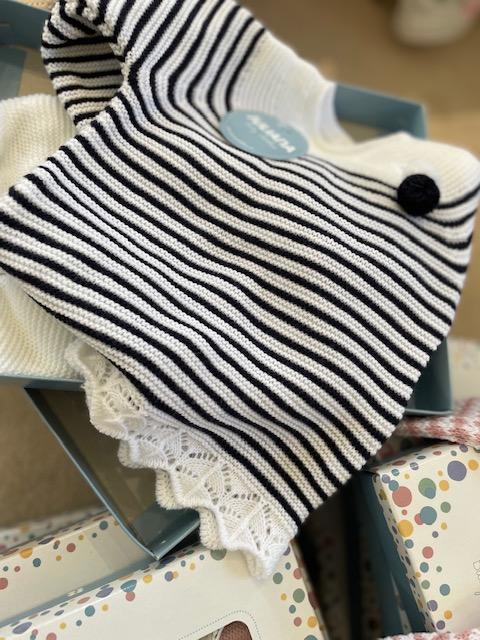 Blue & White striped jumper with matching bonnet. White trousers with closed toe