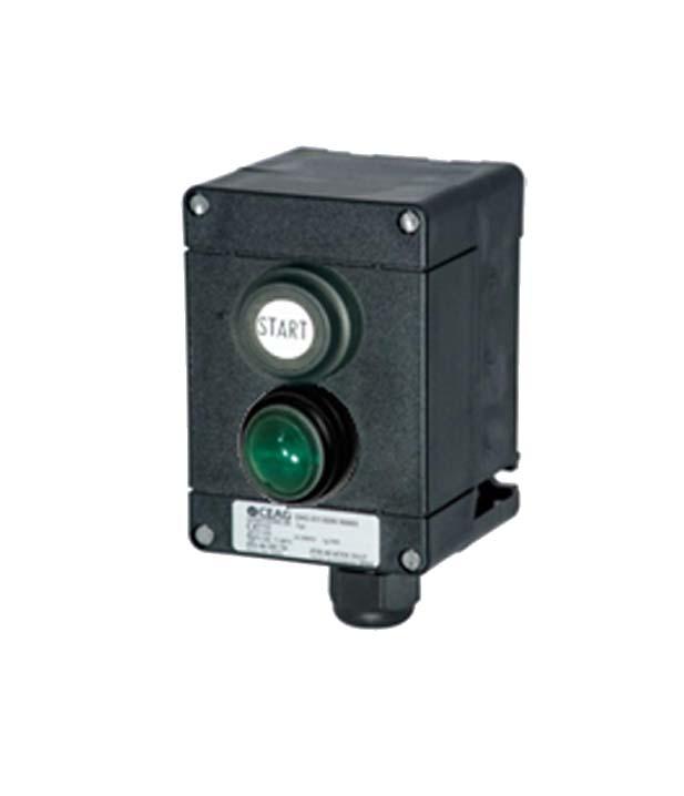 CEAG GHG 411 82 control unit 2 gang, START push button with LED signal indicator lamp, 1 x M20 glanded entry, 1 x NO/NC contact. Approved for ATEX hazardous area Zone 1 and Zone 21