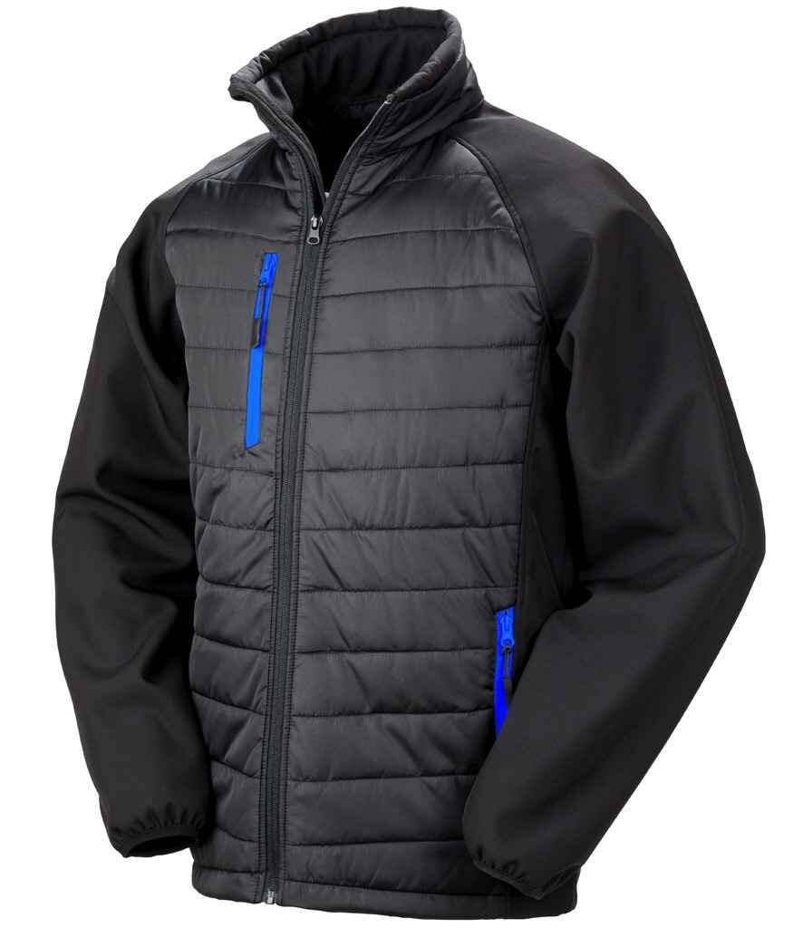 Black RS237 zip-up jacket with royal blue zip accents on the chest and side pockets, featuring a quilted front panel and softshell sleeves.