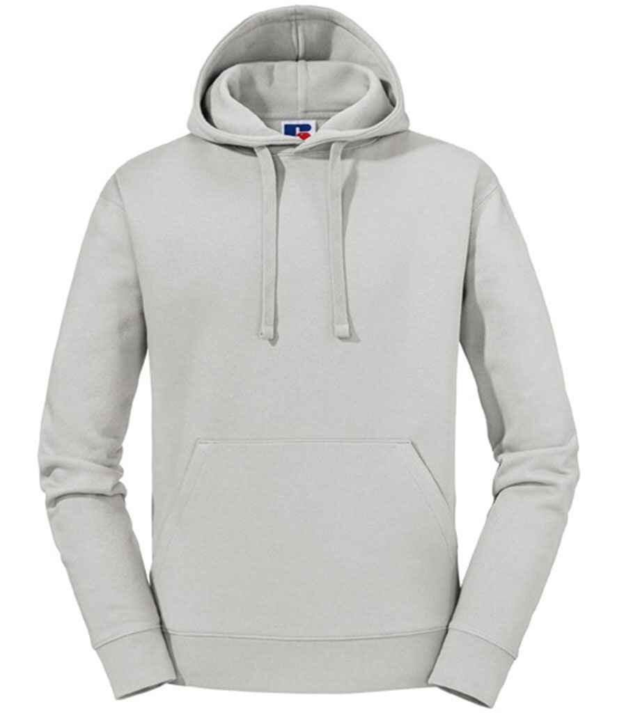 urban grey Russell J265M Authentic hooded sweatshirt with a front pocket and drawstring hood, displayed on a plain white background.