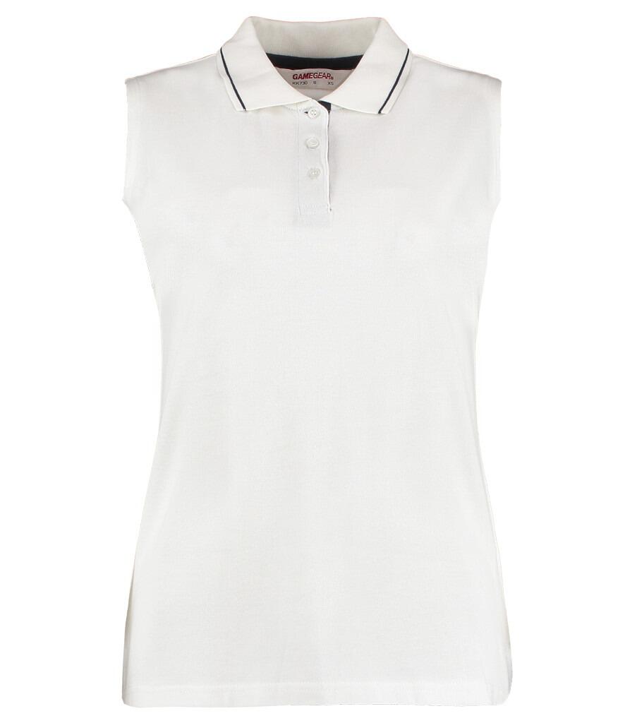 K730 Kustom Kit Ladies Proactive Sleeveless Cotton Polo Shirt white navy