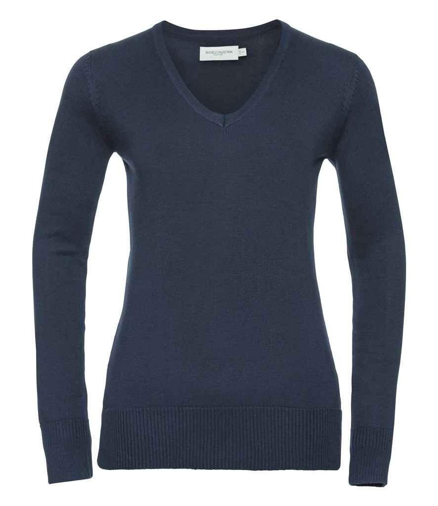 710F Russell Collection Ladies Cotton Acrylic V Neck Sweater navy