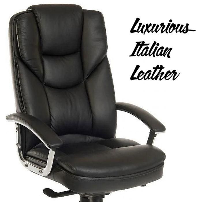Luxury black Italian Leather Office Chair with steel framed armrests and solid steel 5 star base. It has gas lift height adjustment with lockable tilt function and as an additional element of the seat being able to recline back from under the knees - perfect for all users' comfort.