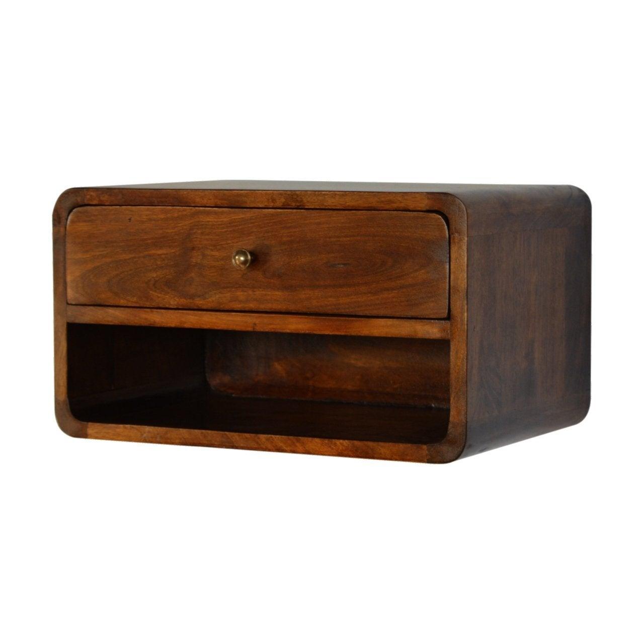 Curved chestnut wall mounted bedside table with open slot - crimblefest furniture - image 2