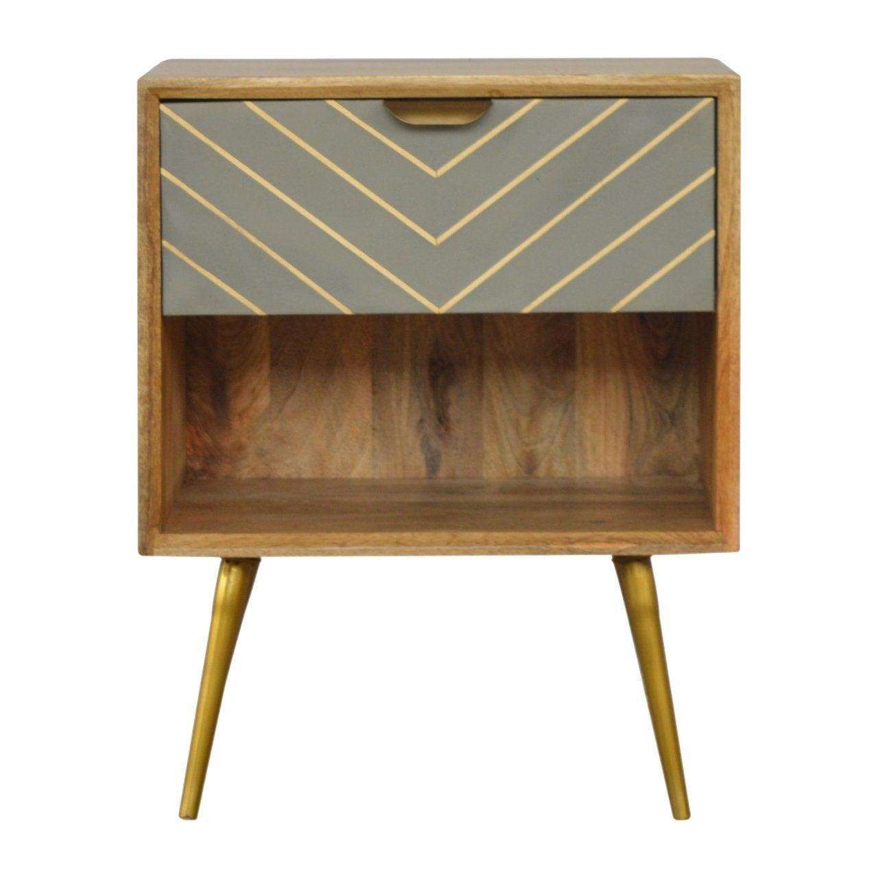 Sleek cement brass inlay bedside table with open slot - crimblefest furniture - image 1