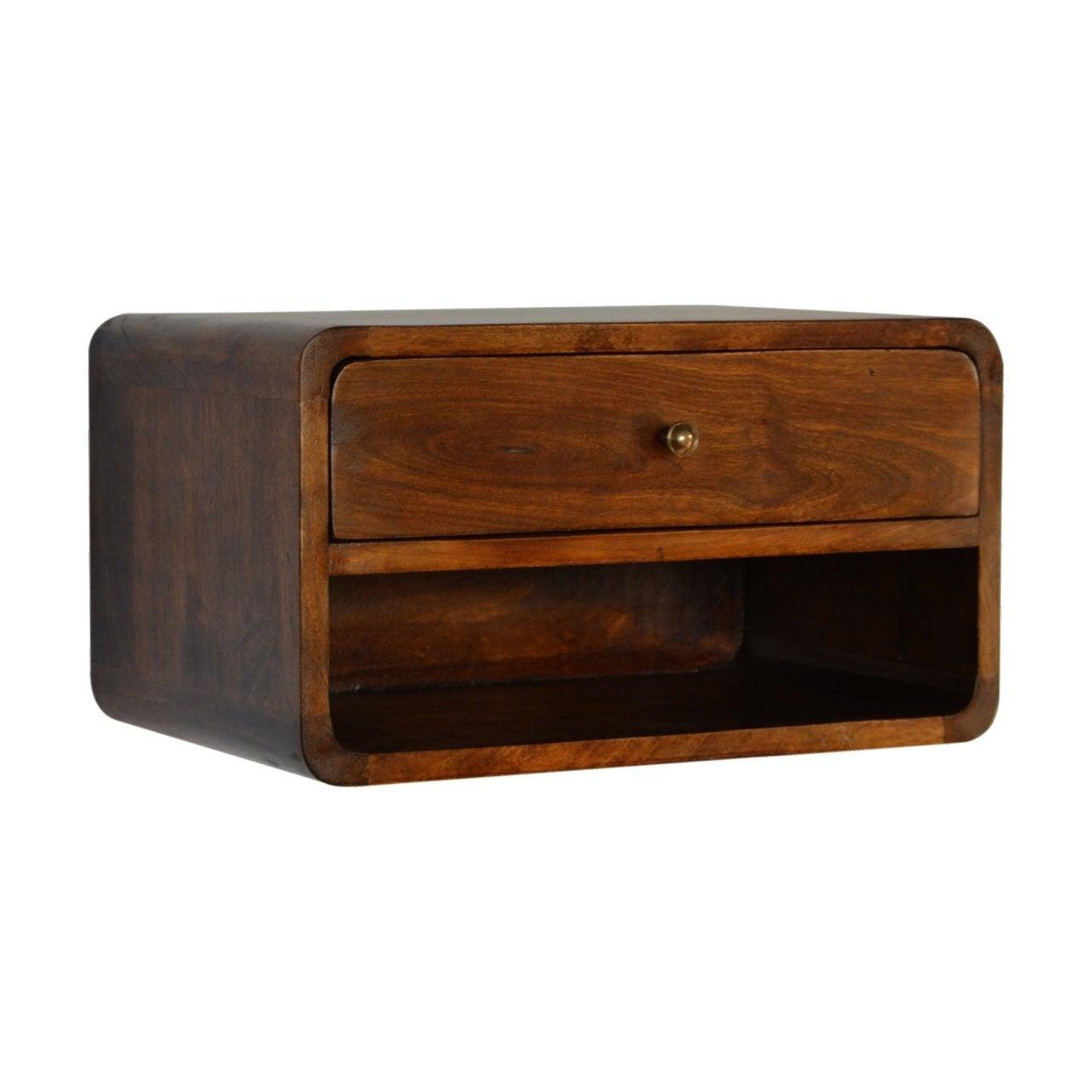Curved chestnut wall mounted bedside table with open slot - crimblefest furniture - image 3