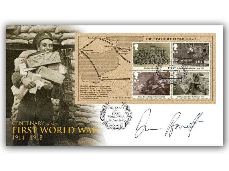 Great War 2016 Centenary Miniature Sheet First Day Cover, signed by Duncan Barrett