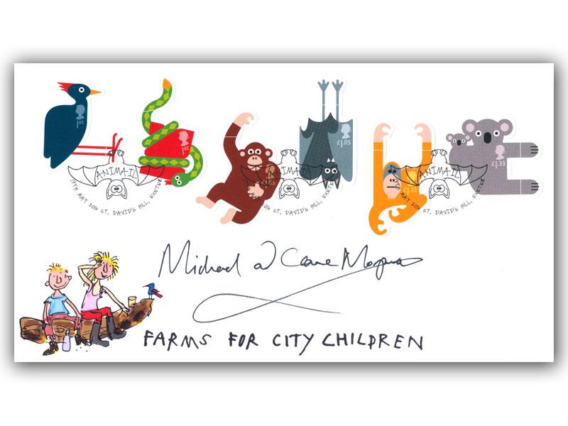 2016 Animail, stamps from the miniature sheet, signed Michael and Clare Morpurgo