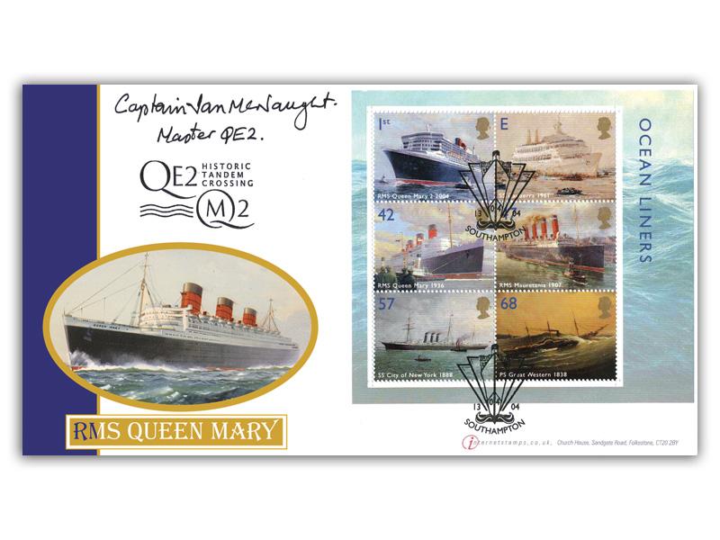 Ocean Liners Miniature Sheet, caried, signed Ian McNaught