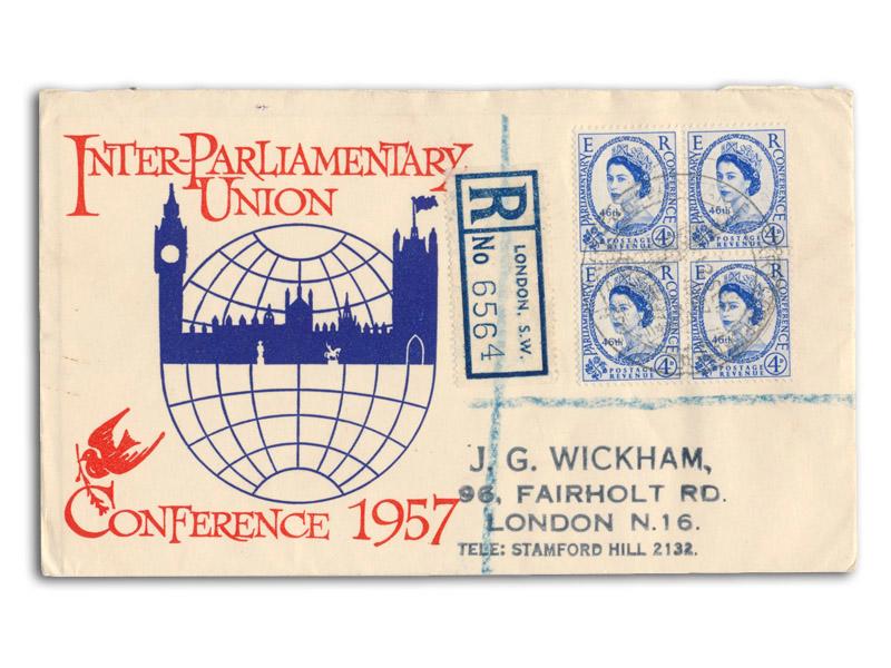 1957 Parliament, block of four, Big Ben postmark