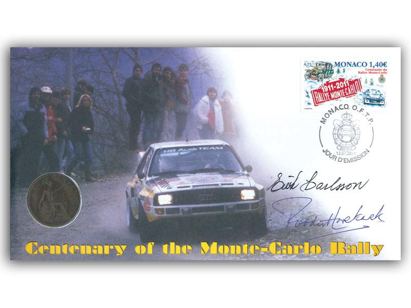 2011 Monte Carlo Rally coin cover, signed Paddy Hopkirk & Erik Carlsson