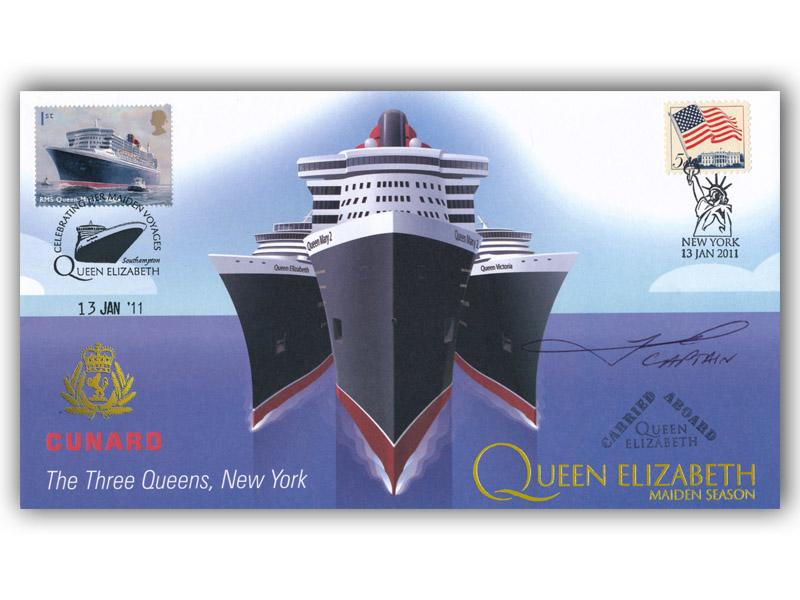 2011 Three Cunard Queens meeting in New York, Southampton, New York cachet, carried, signed by Captain Julian Burgess