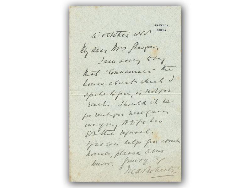 Frederick Roberts VC signed 1888 letter