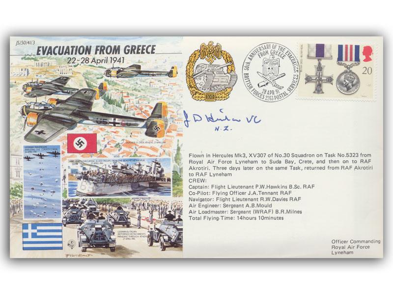 John Hinton VC signed 1991 Evacuation from Greece cover