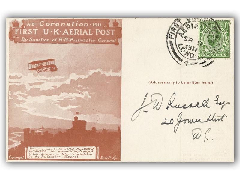 1911 Aerial Post, 1/2d Postcard, Red/Brown, addressed to Russell Square