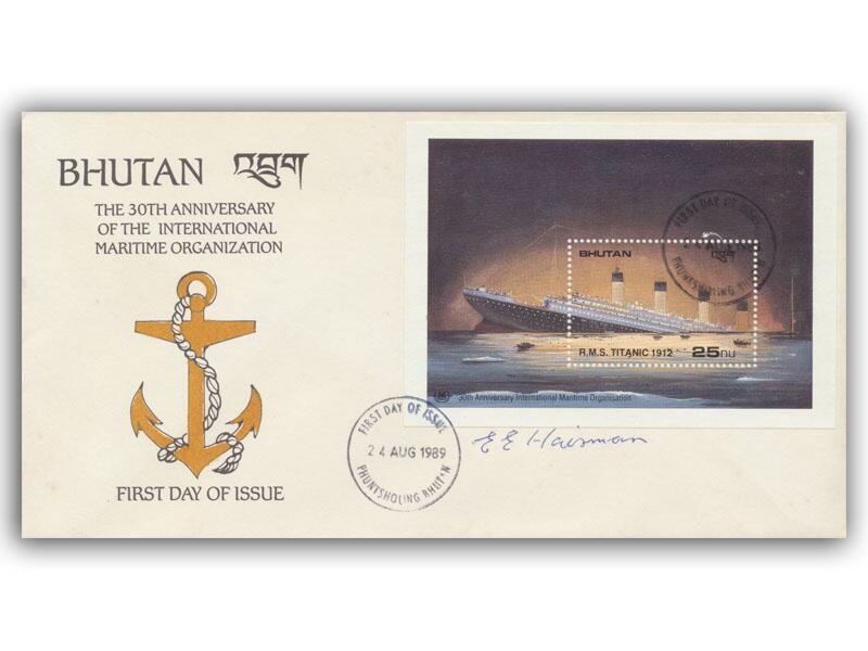 Edith Haisman, signed 1989 Bhutan 30th Anniversary of the International Maritime Organisation featuring a Titanic Miniature sheet