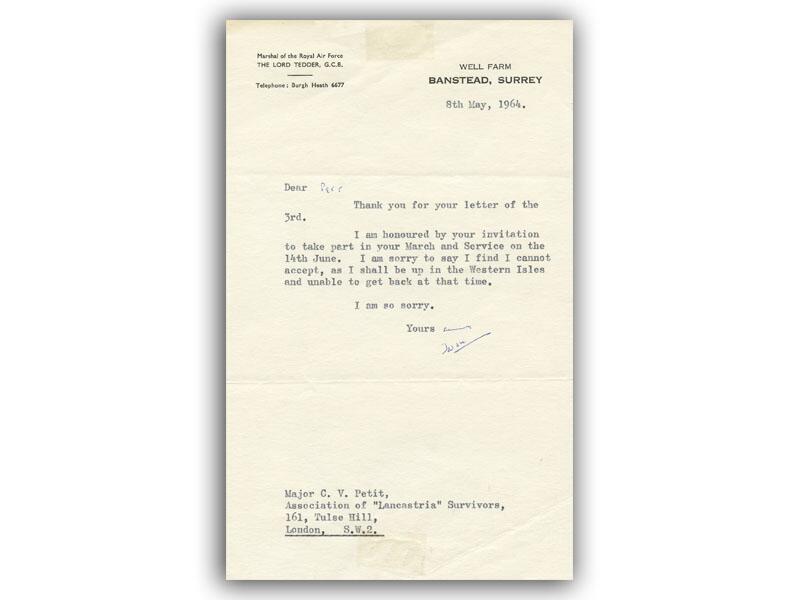 Arthur Tedder signed 1964 Letter
