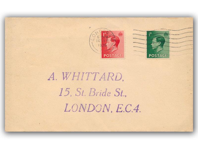 1936 1d Red, London EC slogan, plain cover, cachet address