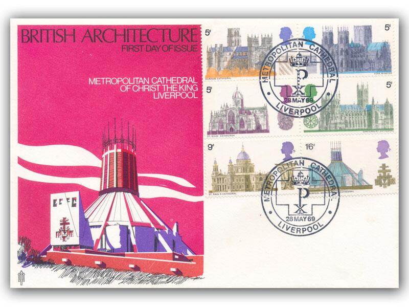 1969 Cathedrals, Metropolitan Cathedral Liverpool postmark, Trident