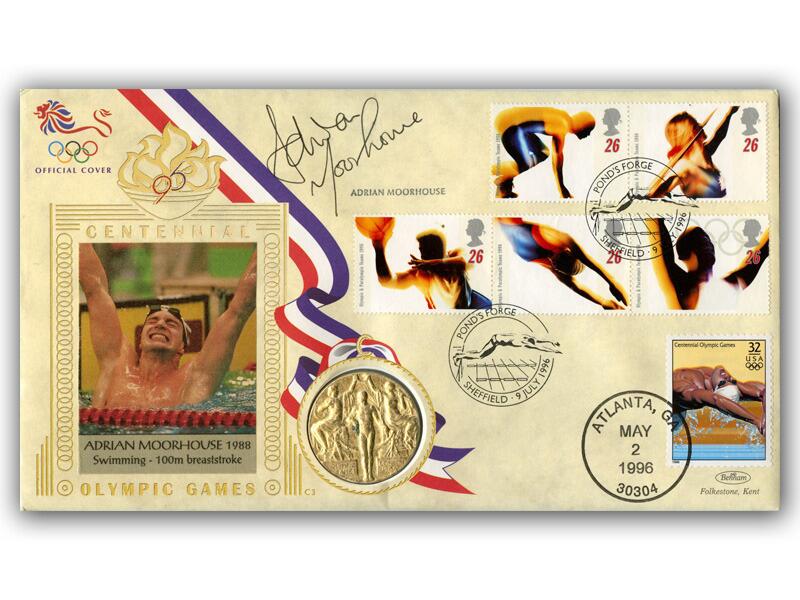 Adrian Moorhouse signed 1996 Olympics gold medal cover