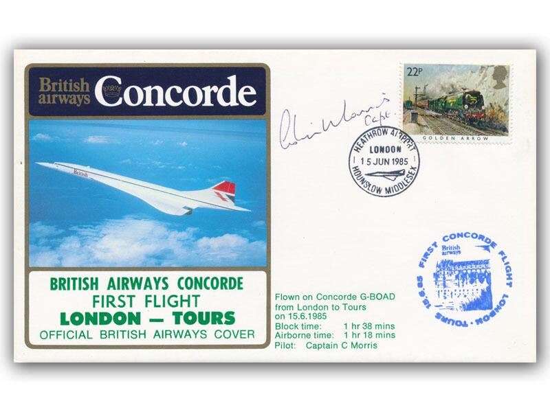 Captain Morris signed 1985 BA Concorde London - Tours flown cover