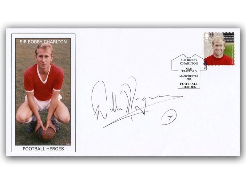 2013 Football Heroes, Sir Bobby Charlton, single stamp, signed by Willie Morgan
