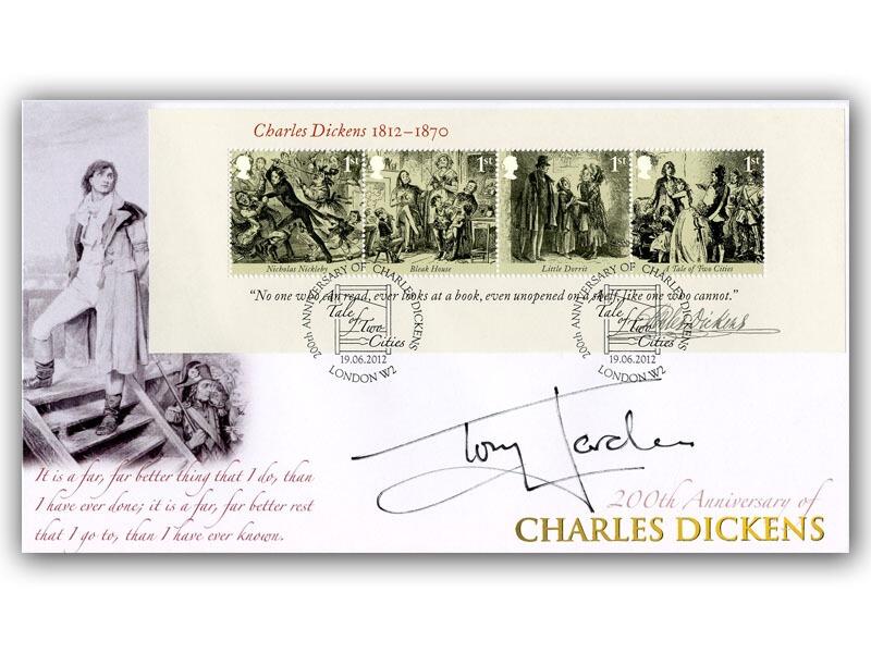 Charles Dickens Miniature Sheet Cover Signed Tony Jordan