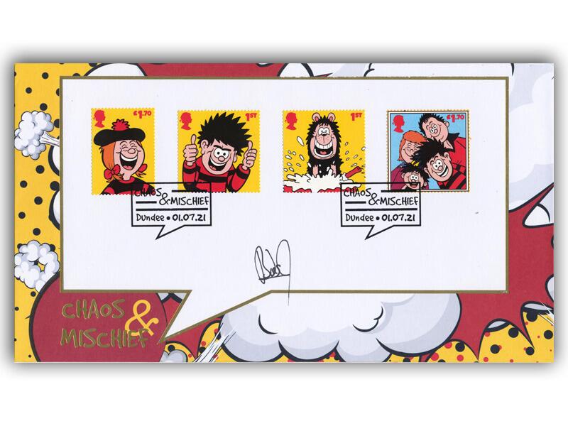 Dennis & Gnasher miniature sheet stamps, signed Boris Hiestand 'Gnasher'