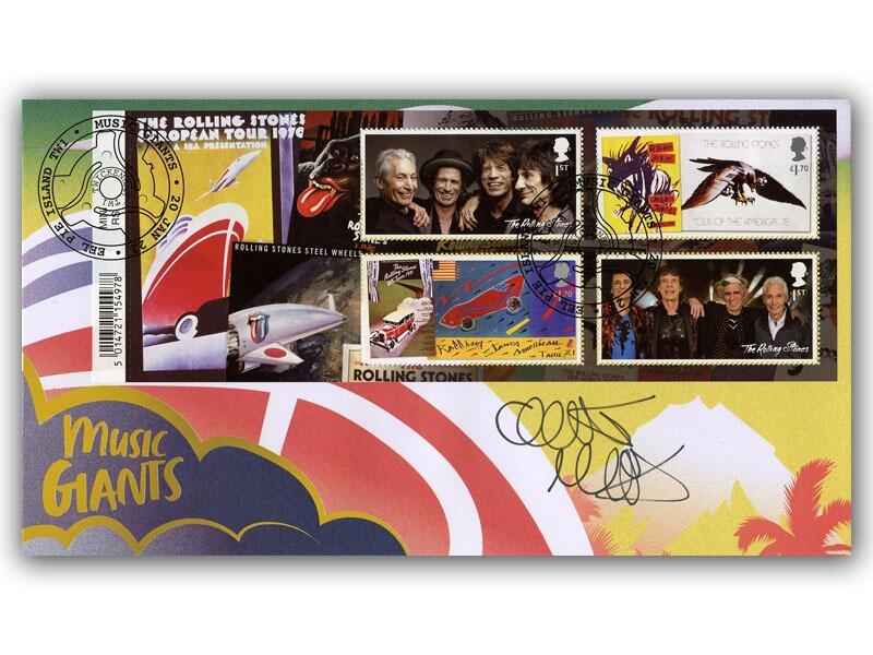Music Giants - The Rolling Stones Barcoded Miniature Sheet First Day Cover Signed