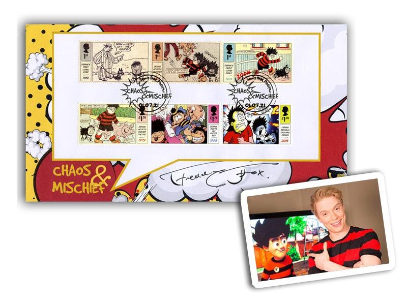 70th Anniversary of Dennis & Gnasher Stamps Cover signed by Freddie Fox