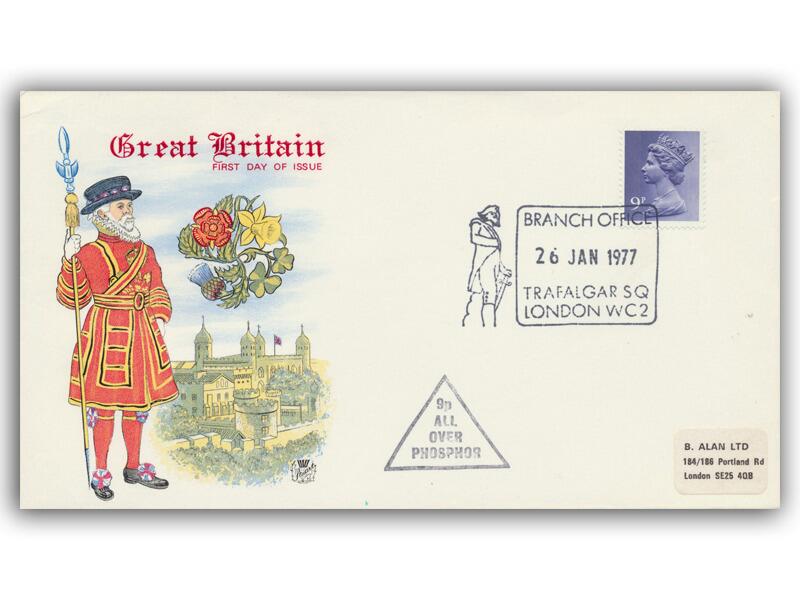 1977 9p Phosphor, Trafalgar Square postmark