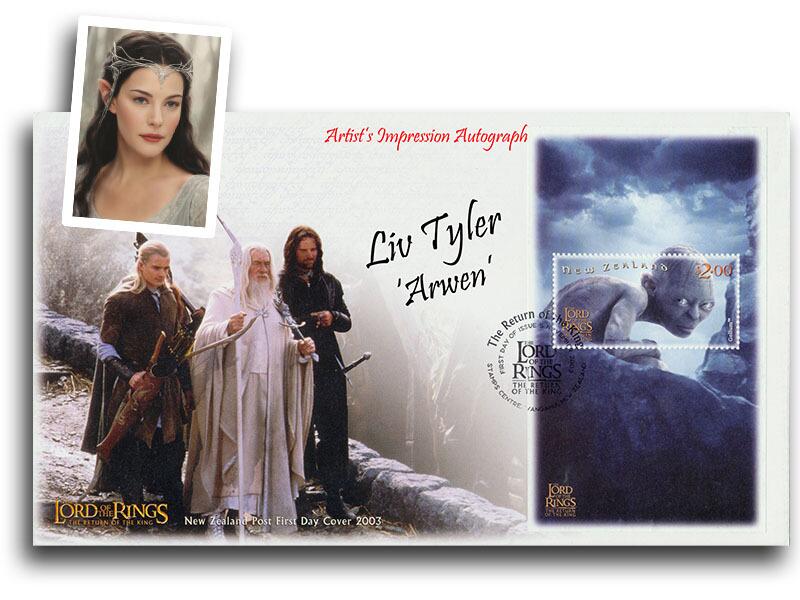 Lord of the Rings New Zealand FDC, signed Liv Tyler 'Arwen' Gollum stamp