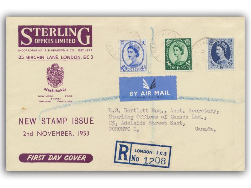 1953 4d, 1/3d, 1/6d Wildings, Sterling Offices cover