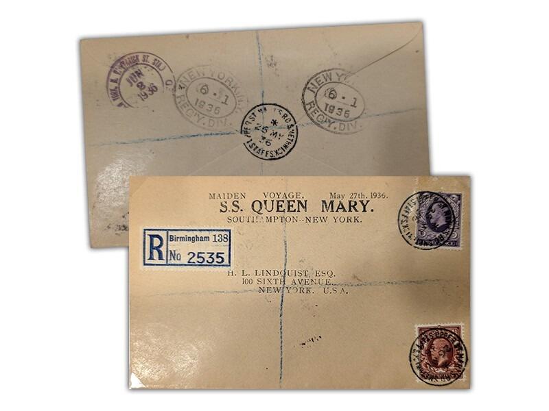RMS Queen Mary 1936 Maiden Voyage. Carried, Southampton - New York with receiving marks