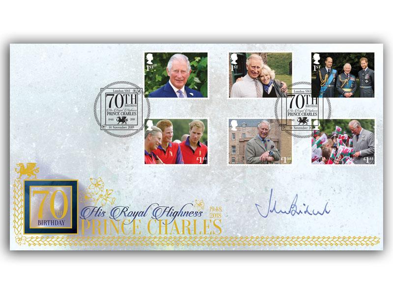 King Charles III 70th Birthday Miniature Sheet stamps, signed John Bridcut