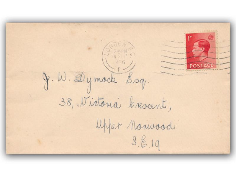 1936 1d Red, London EC slogan, plain cover, handwritten address