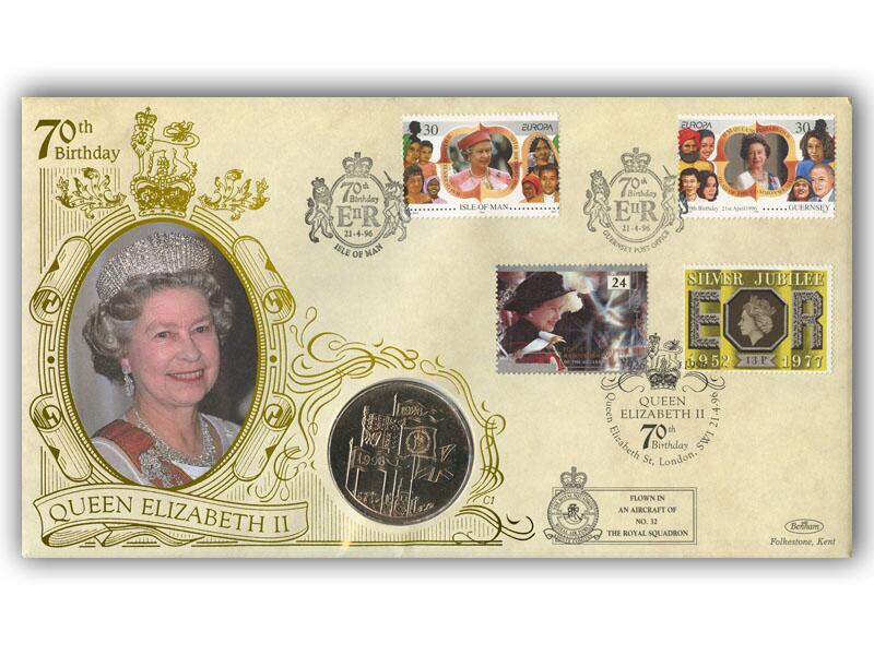 1996 Queens 70th Birthday coin cover, triple postmarked