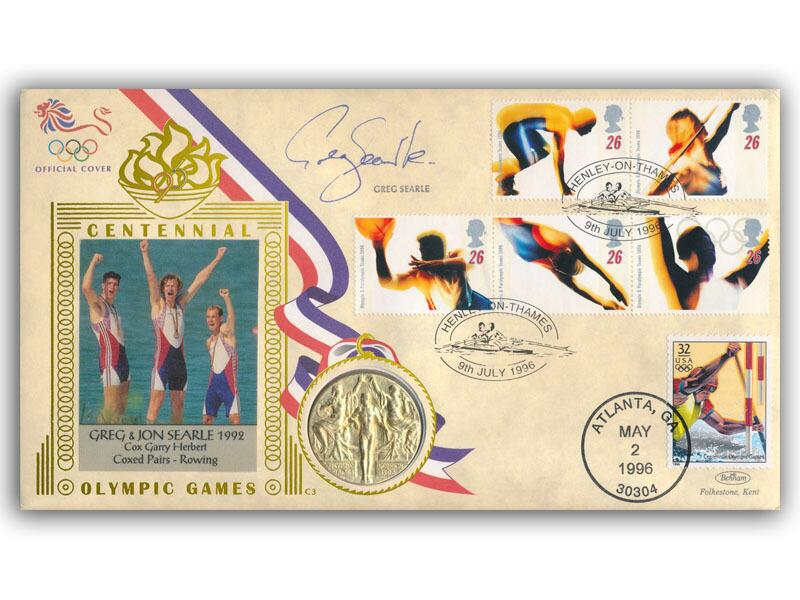 Greg Searle signed 1996 Olympics gold medal cover