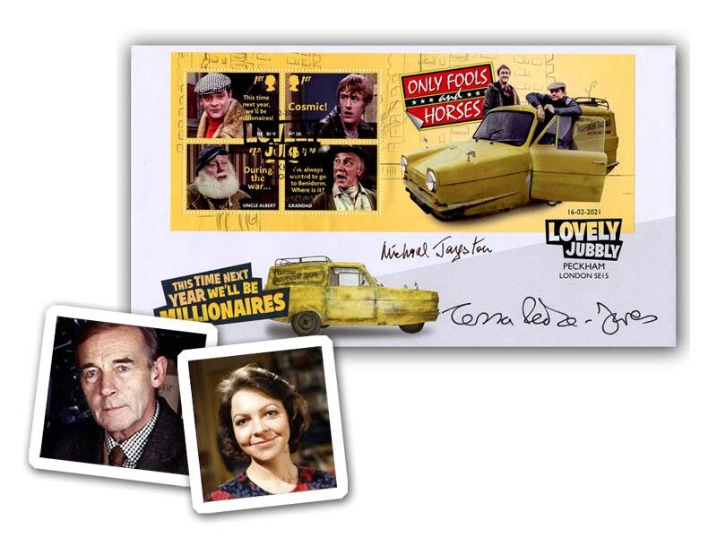 2021 Only Fools and Horses Miniature Sheet Cover, Signed by Tessa Peake Jones and Michael Jayston