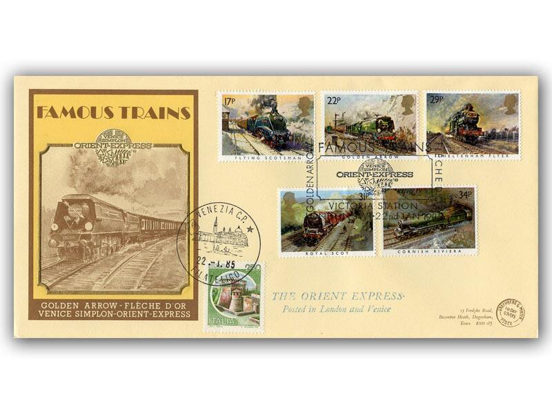 1985 Trains, Venice Simplon Orient Express official cover, doubled in Venice