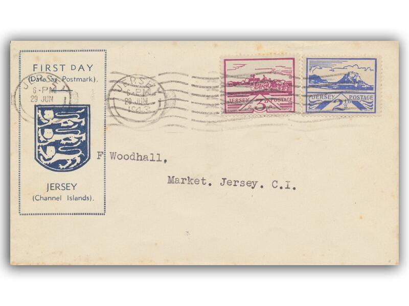 1943 2½d & 3d Jersey Views, Jersey CDS, Coat of Arms cover