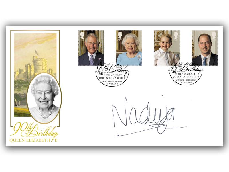 2016 HM The Queens 90th Birthday, stamps from the Miniature Sheet Cover, signed by Nadiya Hussain