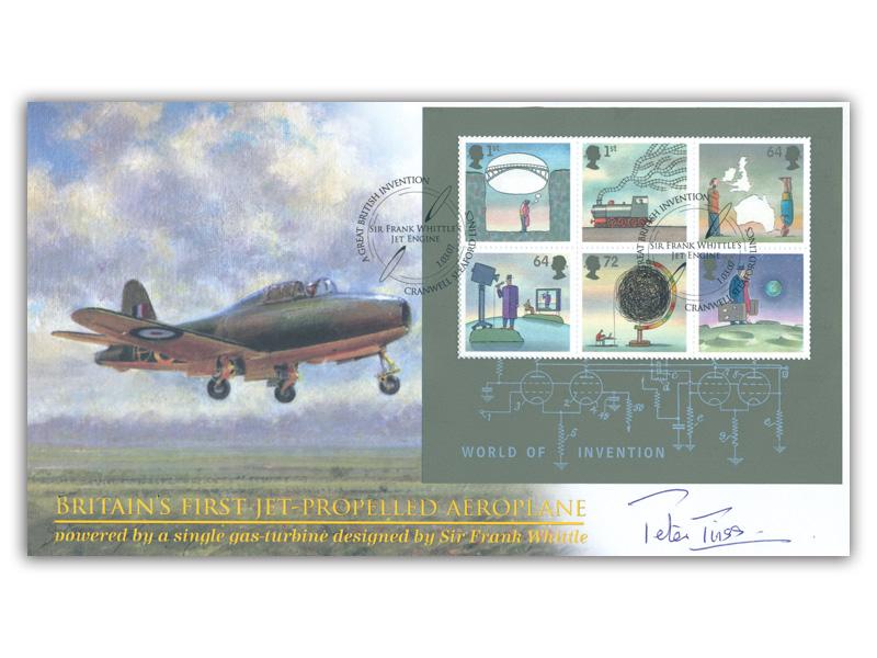 World of Invention: Britain's First Jet Propelled Aeroplane Miniature Sheet Cover Signed Peter Twiss