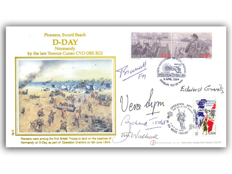 2004 60th Anniversary of D-Day, signed by Vera Lynn, Richard Todd, Jim Wallwork, Edward Gueritz & Lord Bramall