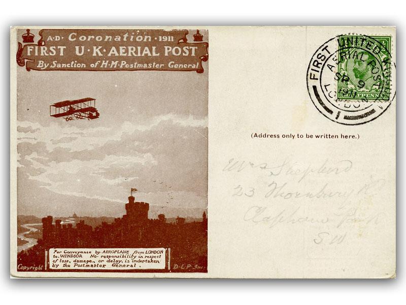 1911 Aerial Post, 1/2d postcard, Dark Brown
