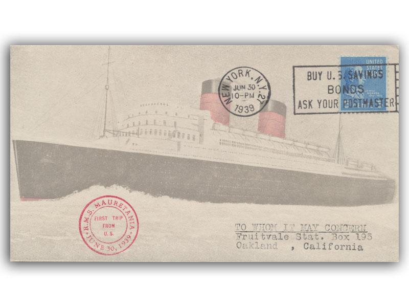 1939 RMS Mauretania Maiden Voyage, New York CDS